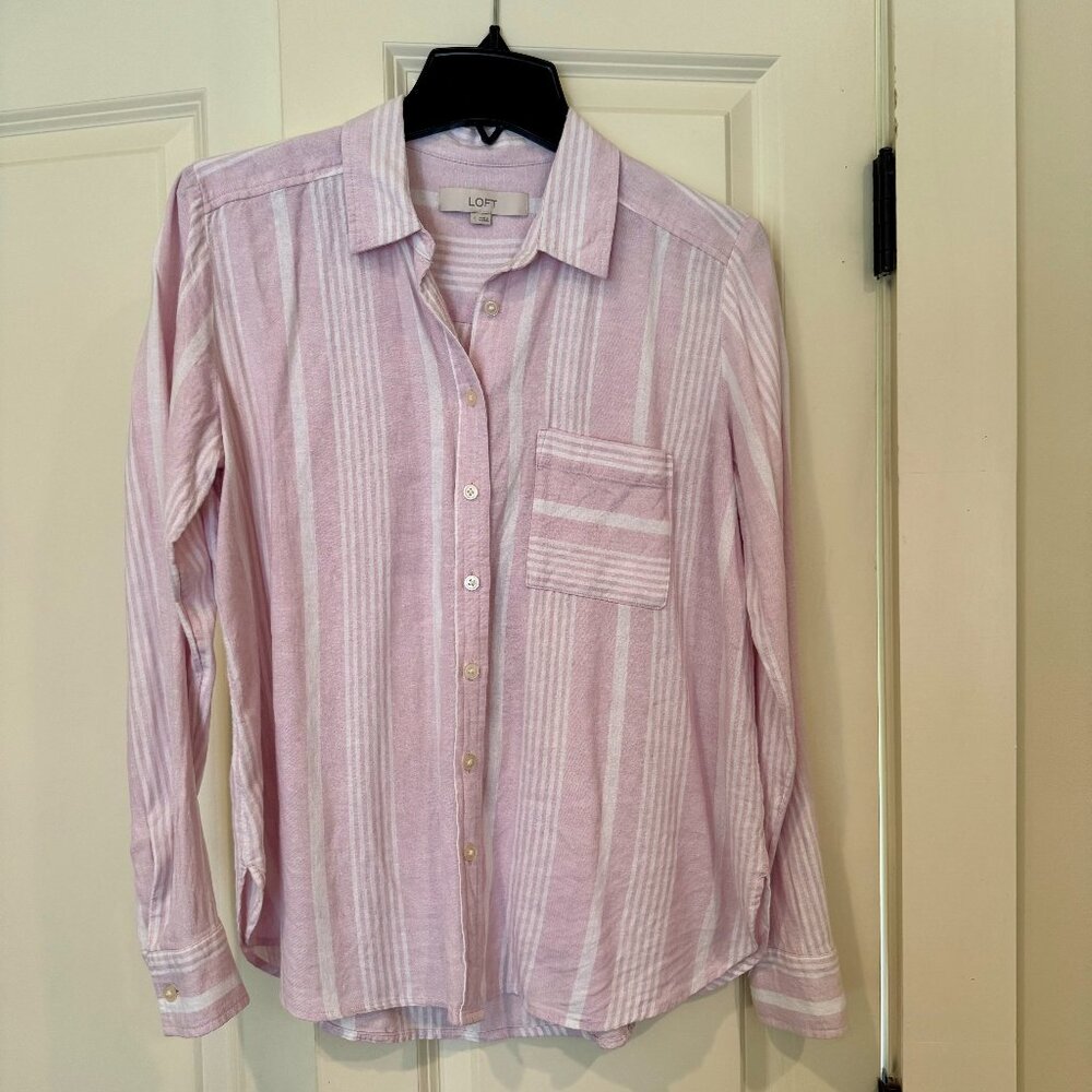Loft Lavender Striped Everyday Linen Blend Shirt, Size Small